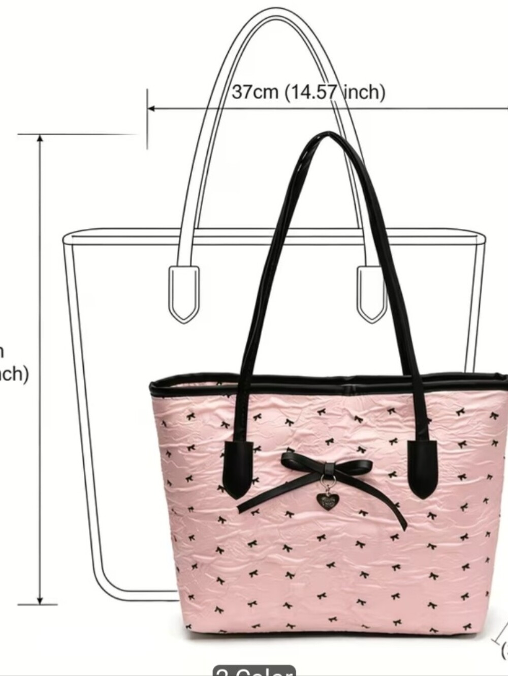 Women's Pink Tote Bag with Black Trim and Bows - Picture 2 of 4